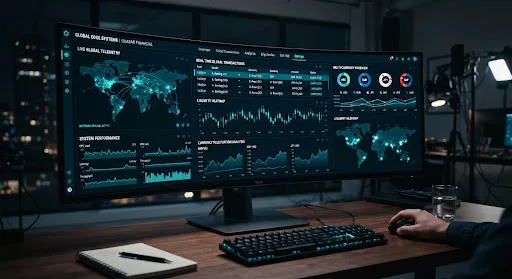 A dark-mode web application dashboard interface showing analytics charts, tables, and clean typography.